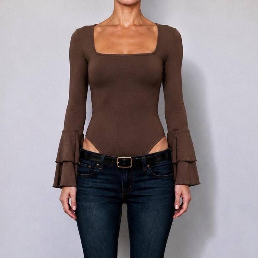 Vintage Y2K Chocolate Brown Square Neck Bell Sleeve Cotton Bodysuit Size Large